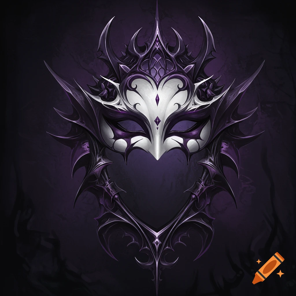 An ornate gothic fantasy mask in purple, white, and black.