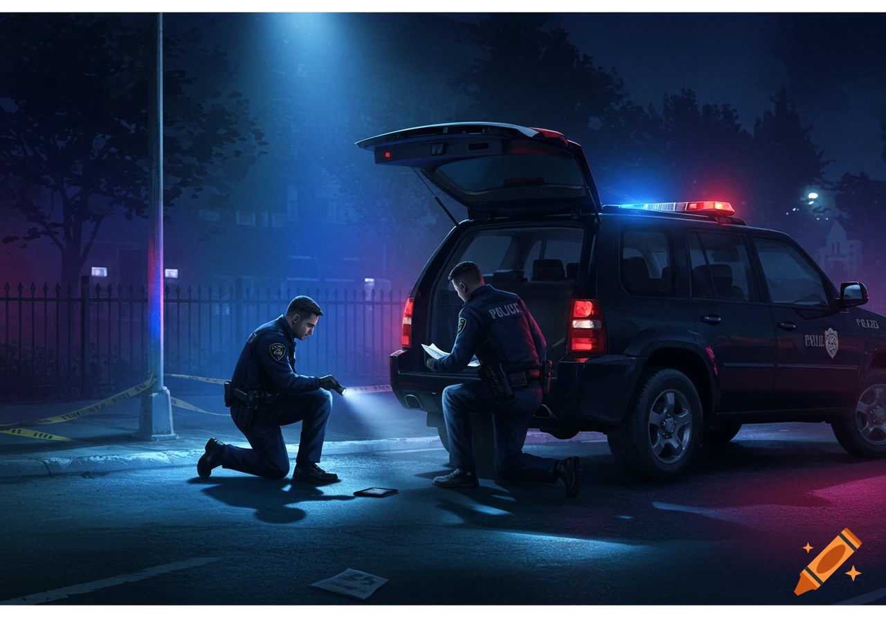 Two police officers investigate a crime scene by a police SUV at night.