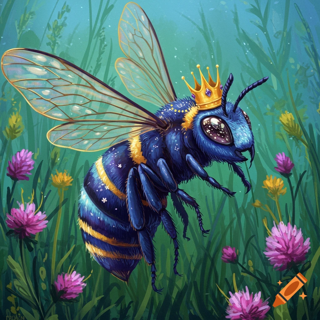 A stylized blue bee wearing a golden crown flies through a field of grass and flowers.