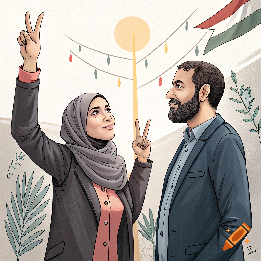Illustration of a woman in a hijab and a man making peace signs, with a Palestinian flag.