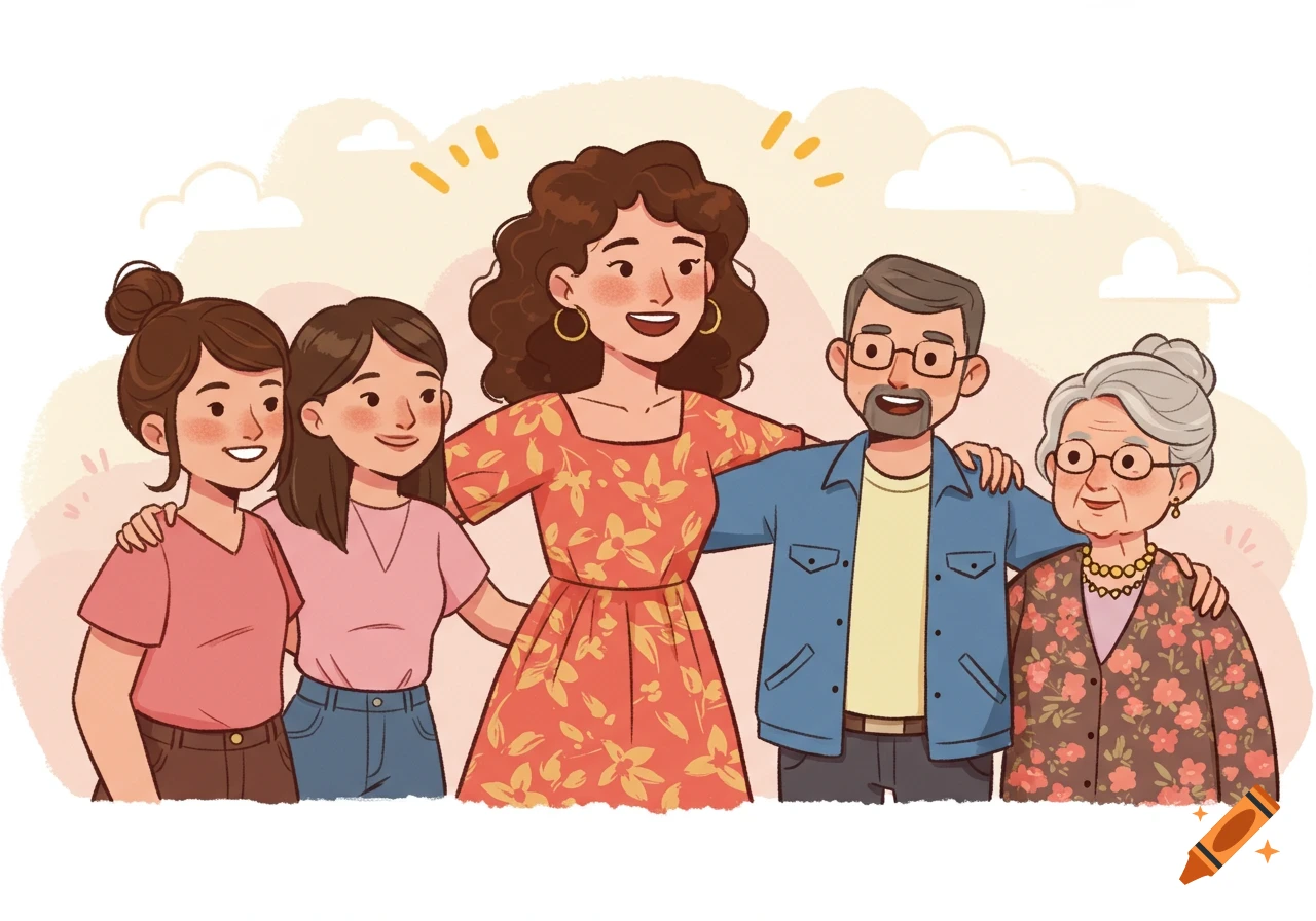 Illustration of a family of five standing together, smiling, with arms around each other.
