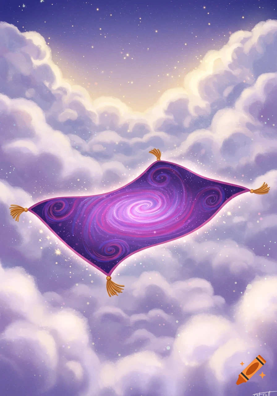 A purple magic carpet with a swirling galaxy pattern floats among clouds in a starry sky