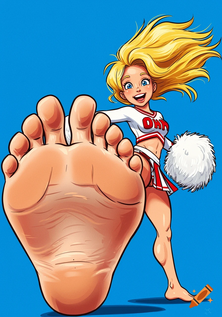 Blonde cheerleader with large feet in a pop art style against blue.
