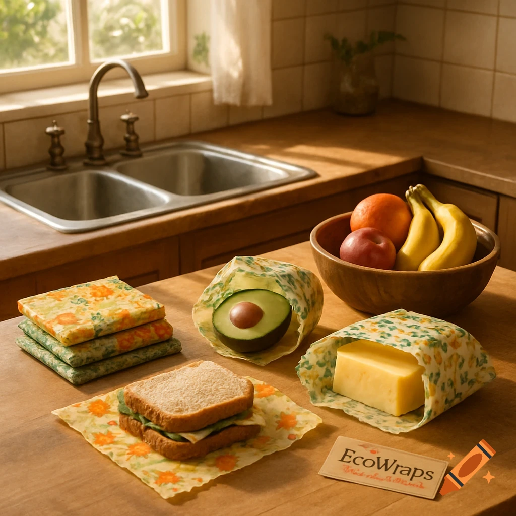 A sandwich, avocado half, cheese block, and fruit bowl sit on a counter wrapped in colorful beeswax wraps in a sunny kitchen.