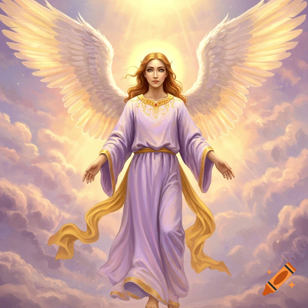 An angel with large wings stands in sunlit clouds.