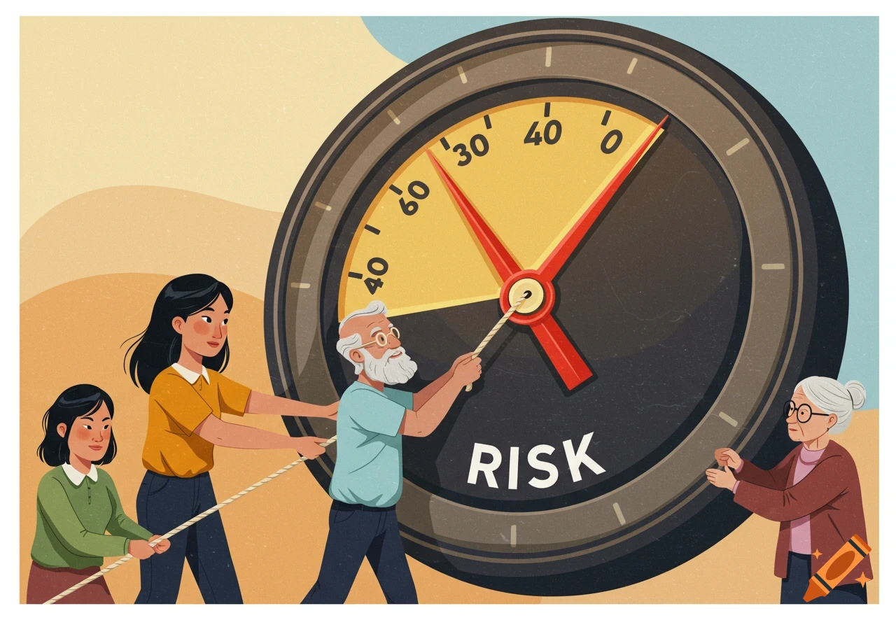 Digital illustration of people pulling on a large risk dial