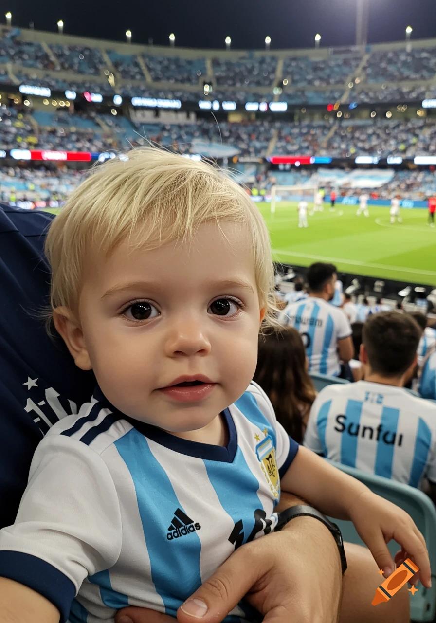 A baby in an Argentina soccer jersey is held by a parent at a stadium during a game. The background is blurred.