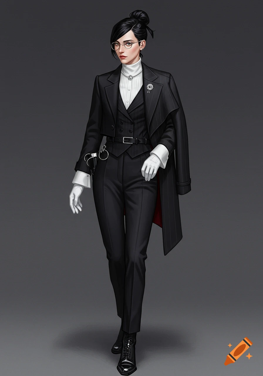 A woman in a black pinstripe suit, white gloves, and a draped coat.
