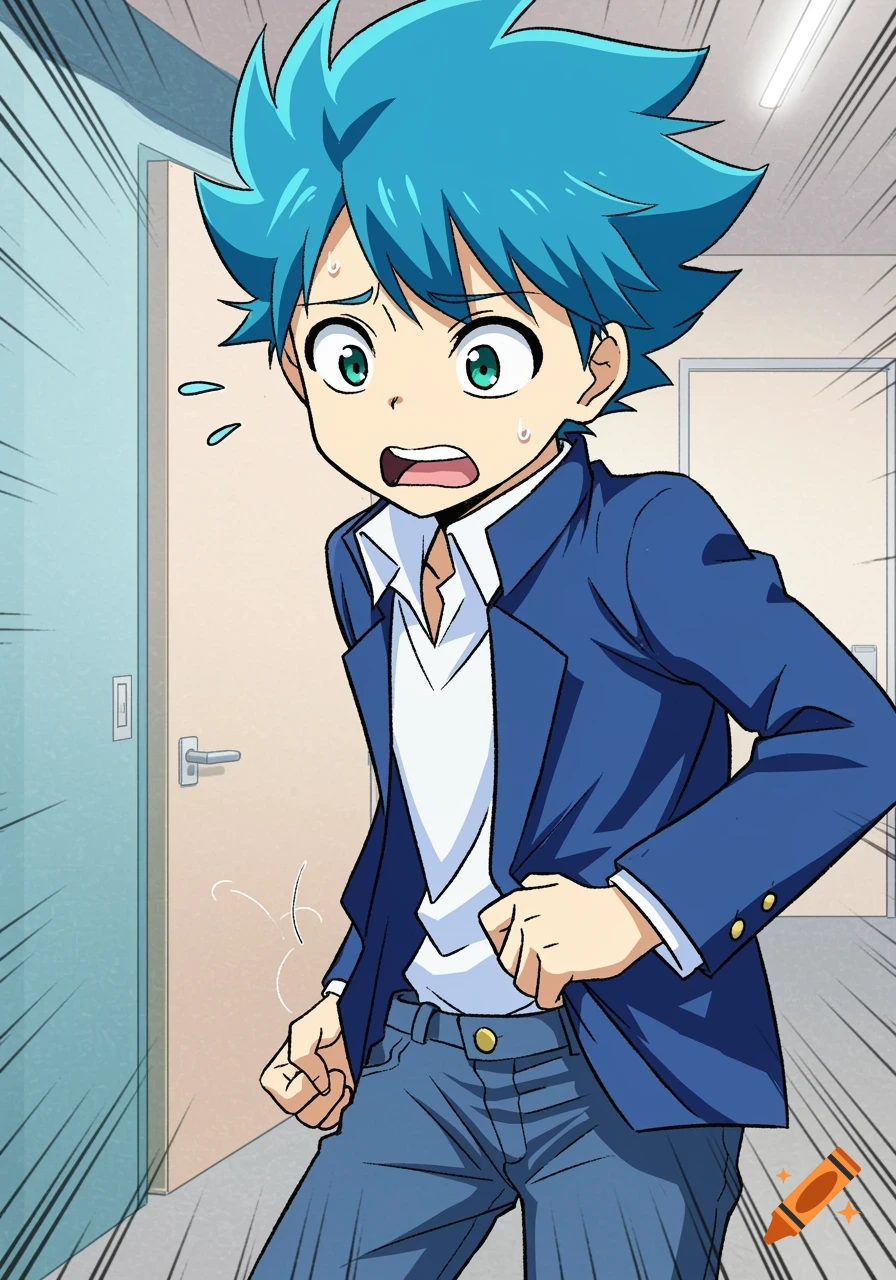 Anime illustration of a panicked boy in a school uniform clutching his pants.