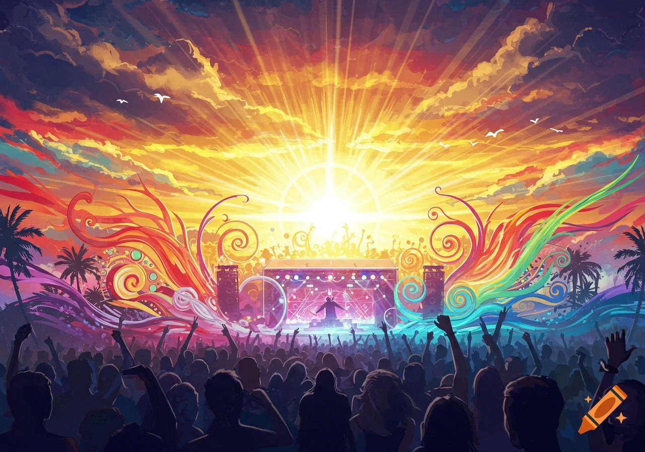 A vibrant outdoor music festival at sunset with a stage, palm trees, and a large crowd.