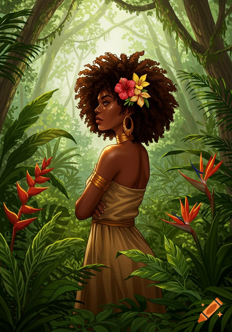 A Black woman with flowers in her afro in a lush jungle.