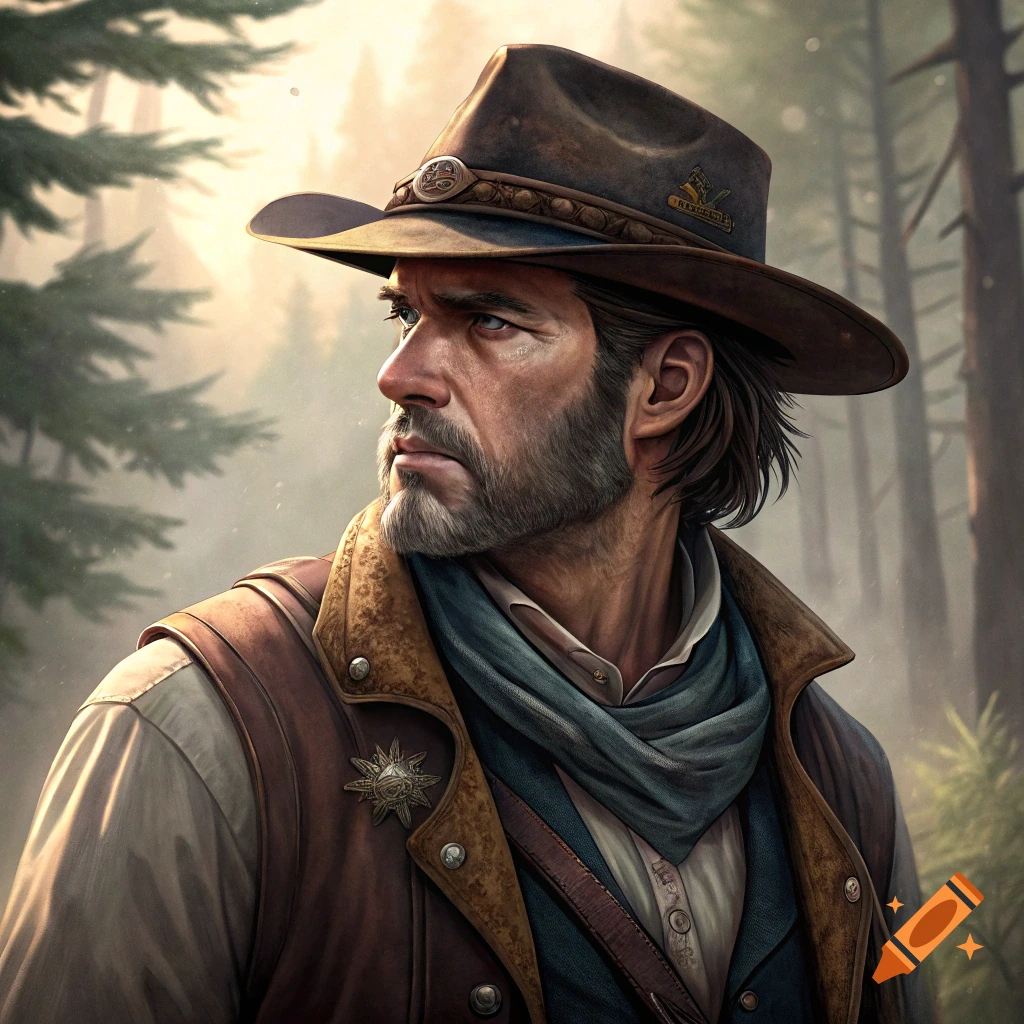 Portrait of a rugged man in a cowboy hat and western clothes standing in a forest.