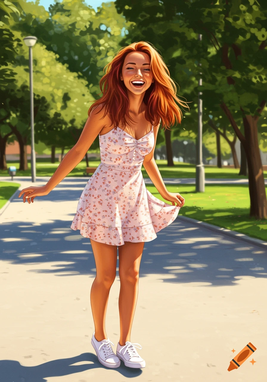 A cheerful young woman with red hair smiling in a sunny park.