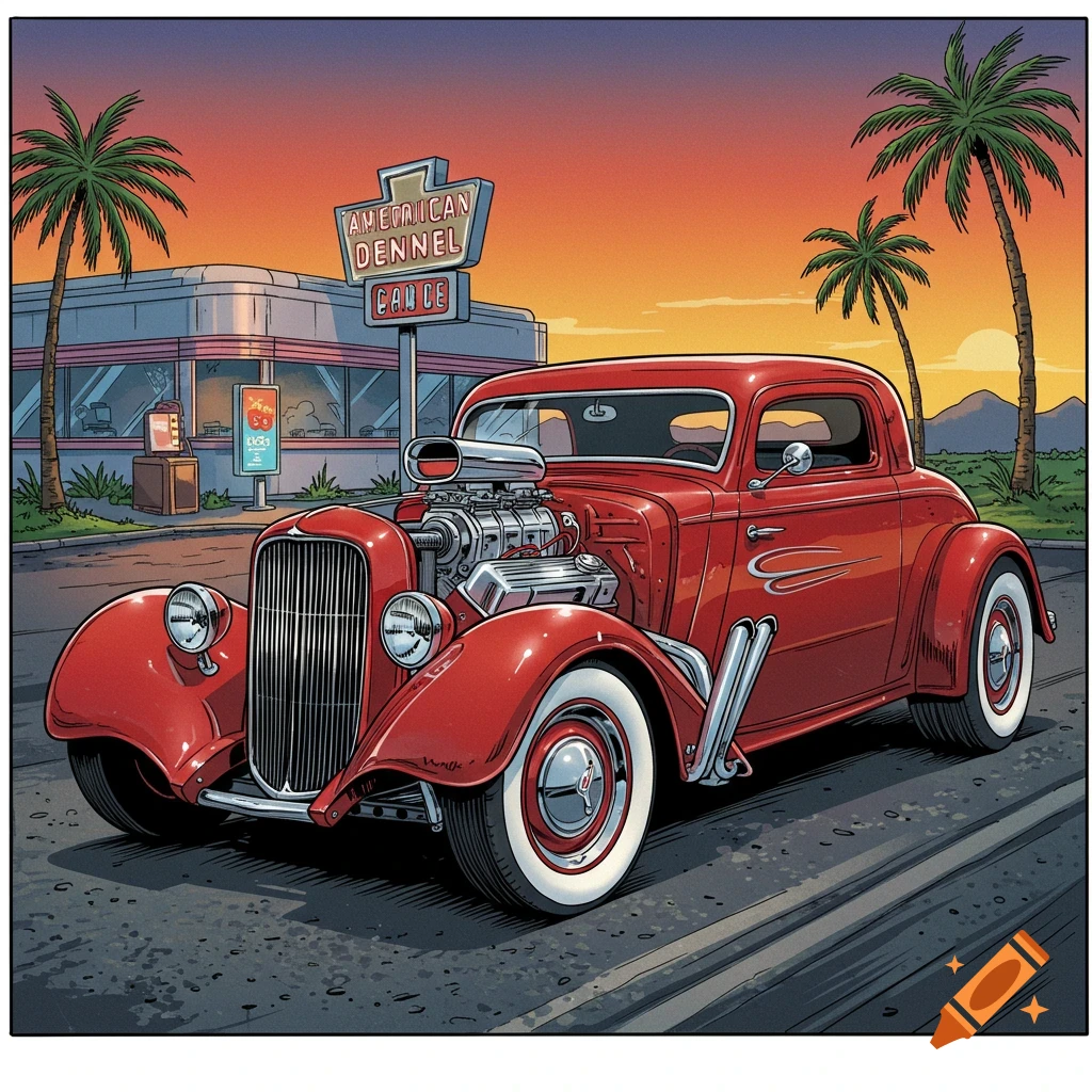 A red hotrod sits in front of a diner with palm trees against a sunset sky, in a cartoon illustration style.