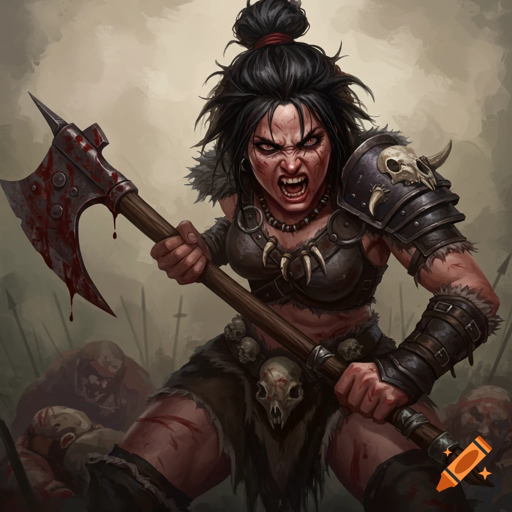 A fierce barbarian woman gripping a bloody axe.