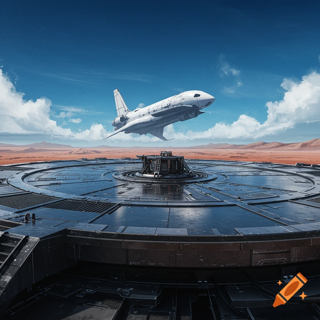A space shuttle hovers over a futuristic landing pad in a desert landscape.