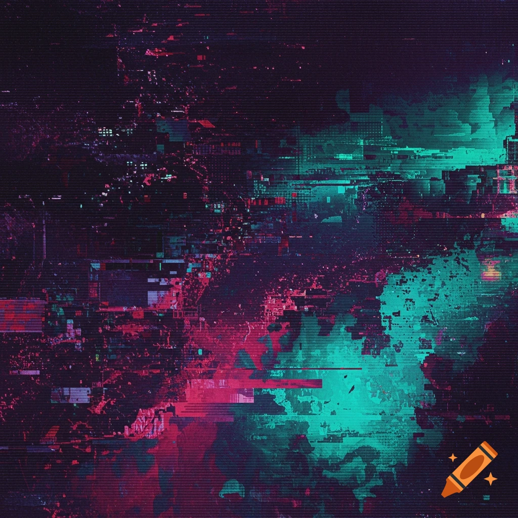 Abstract glitch art background with red and teal distortions.
