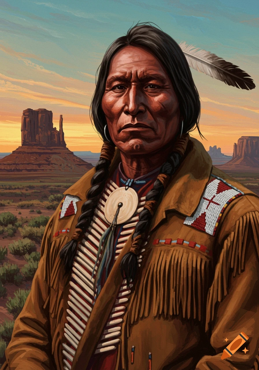A Native American man in traditional attire standing in a desert landscape at sunset.