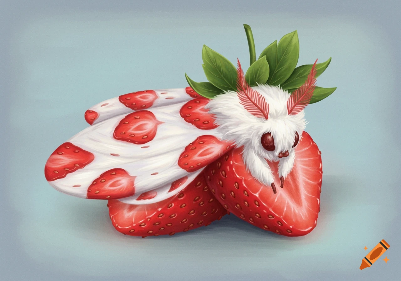 A fluffy white moth fused with a strawberry on a light blue background.