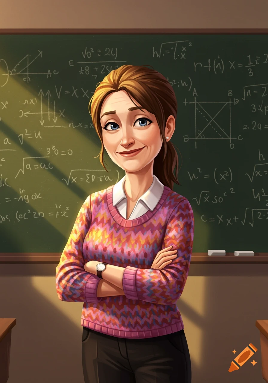 A smiling teacher is standing in front of a chalkboard with math equations.