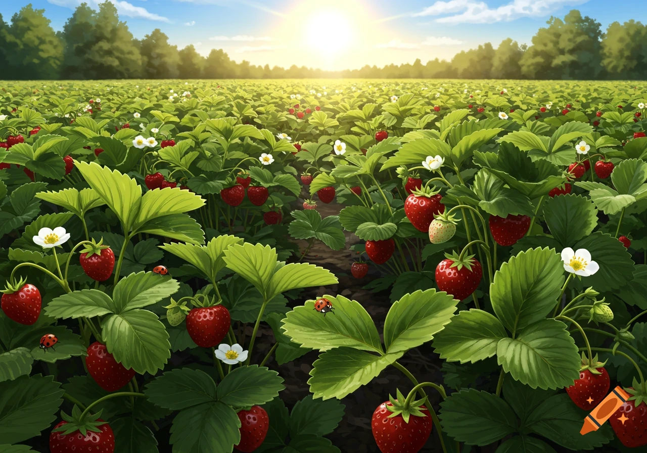 Strawberry field from a ground perspective with ripe strawberries, flowers, leaves, and ladybugs under a bright sun.
