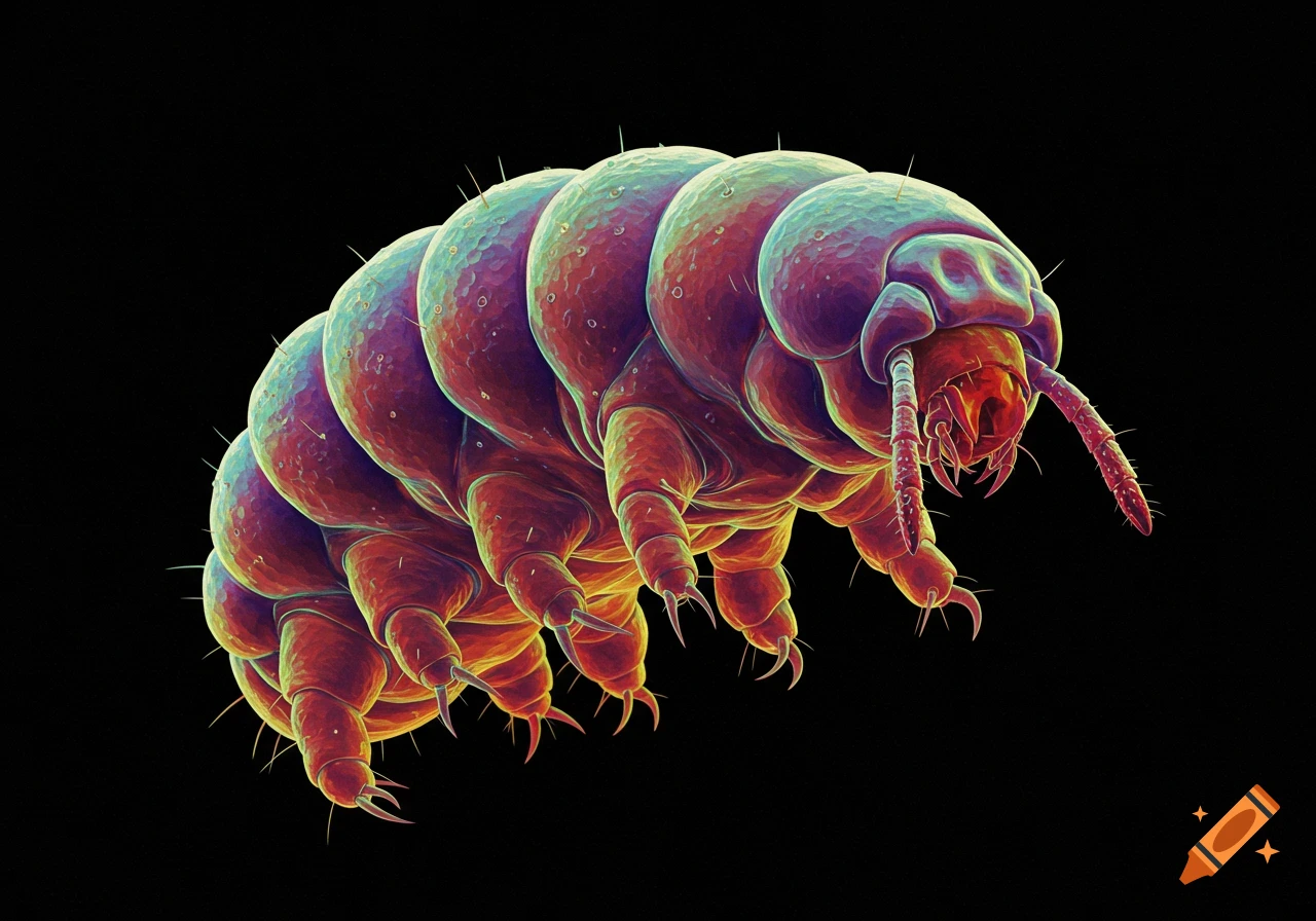 A magnified tardigrade is depicted against a black background.