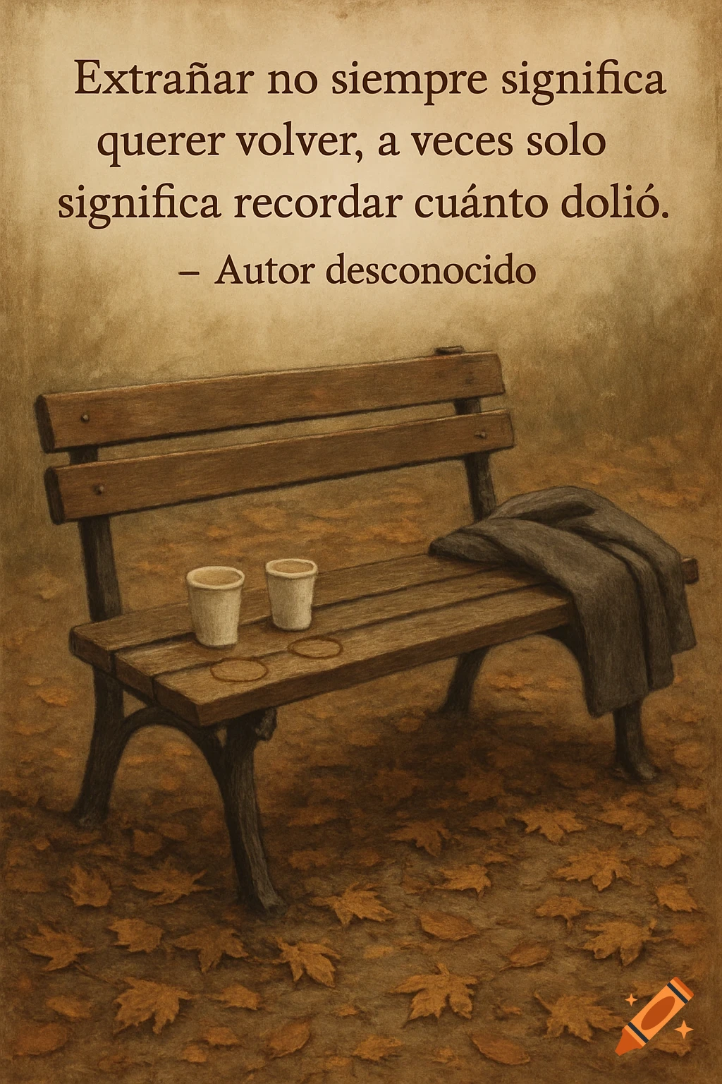 A park bench is shown with two cups and a coat, surrounded by autumn leaves and overlaid with text.