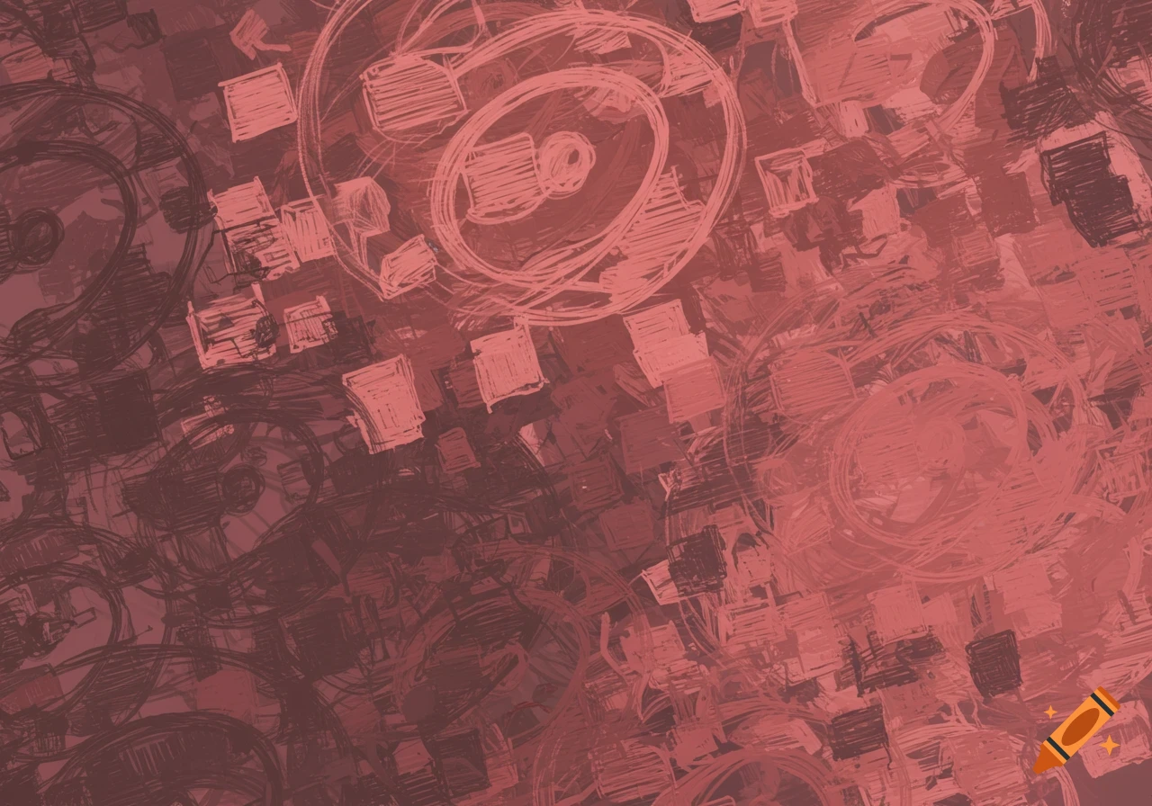 Abstract pattern of scribbled lines and shaded squares in shades of red and brown.