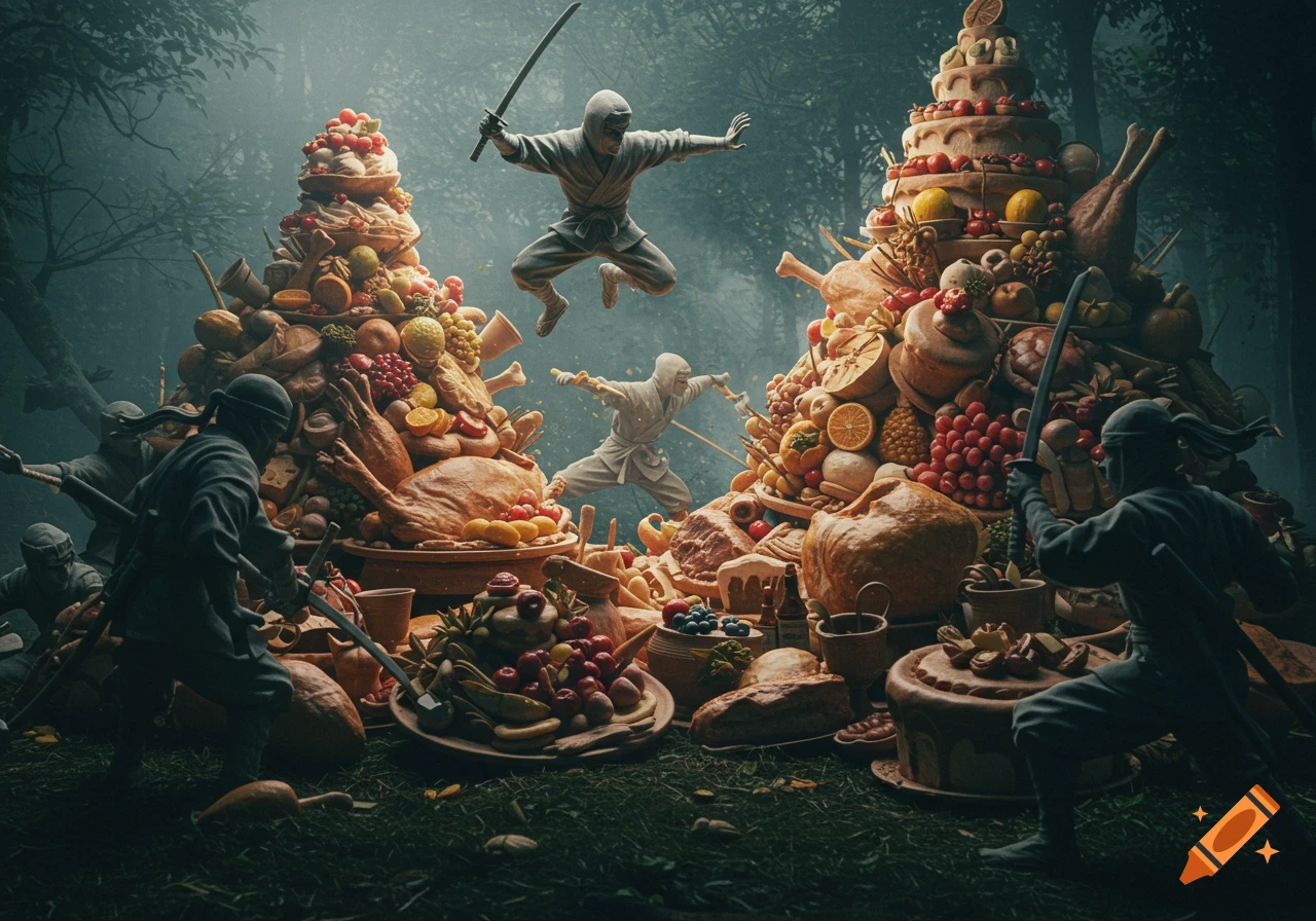 Ninjas battle giant feasts of food in a forest setting.