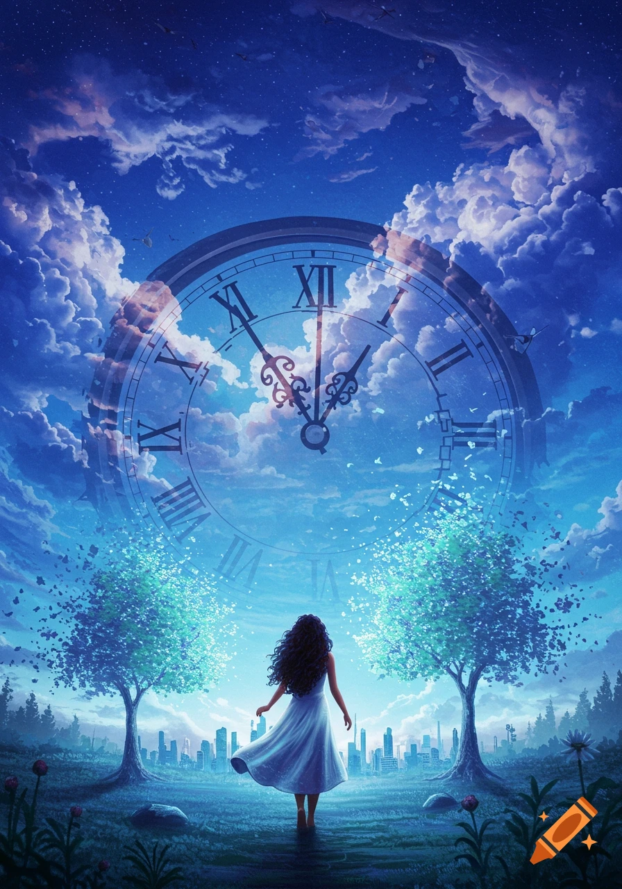 A woman stands before a large clock in a surreal landscape with trees and a city skyline.