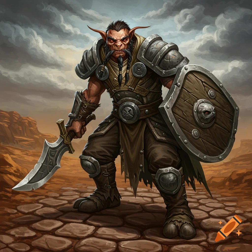 A fantasy creature in armor with sword and shield stands on a rocky path.