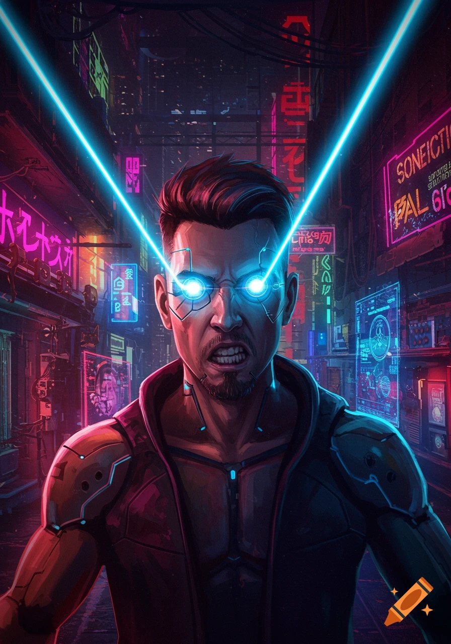 A man with glowing eyes shooting lasers stands in a neon-lit cyberpunk city street.
