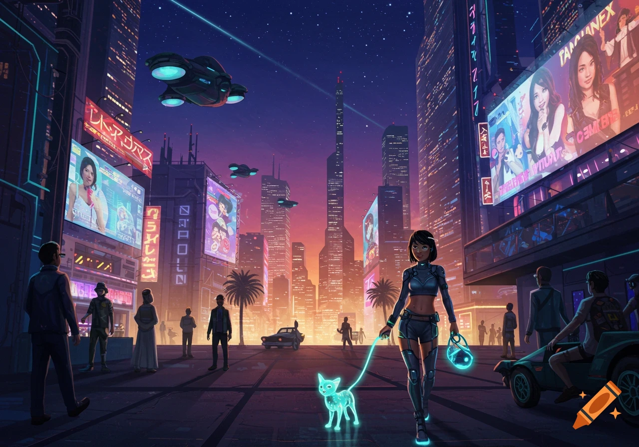 Woman walking a glowing cat in a futuristic city at night with neon signs and flying cars.