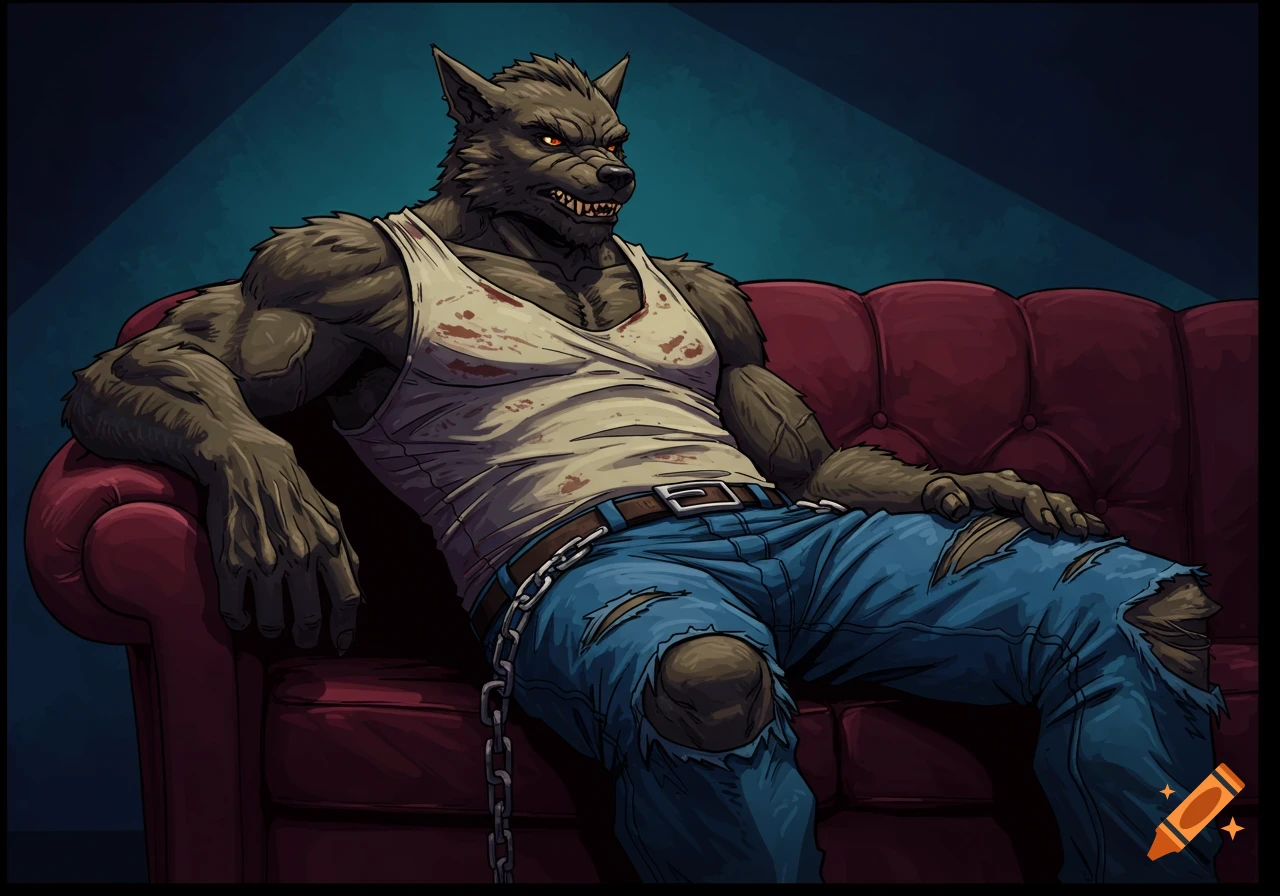 Cell-shaded illustration of a werewolf in ripped jeans and tank top lounging on a red couch.