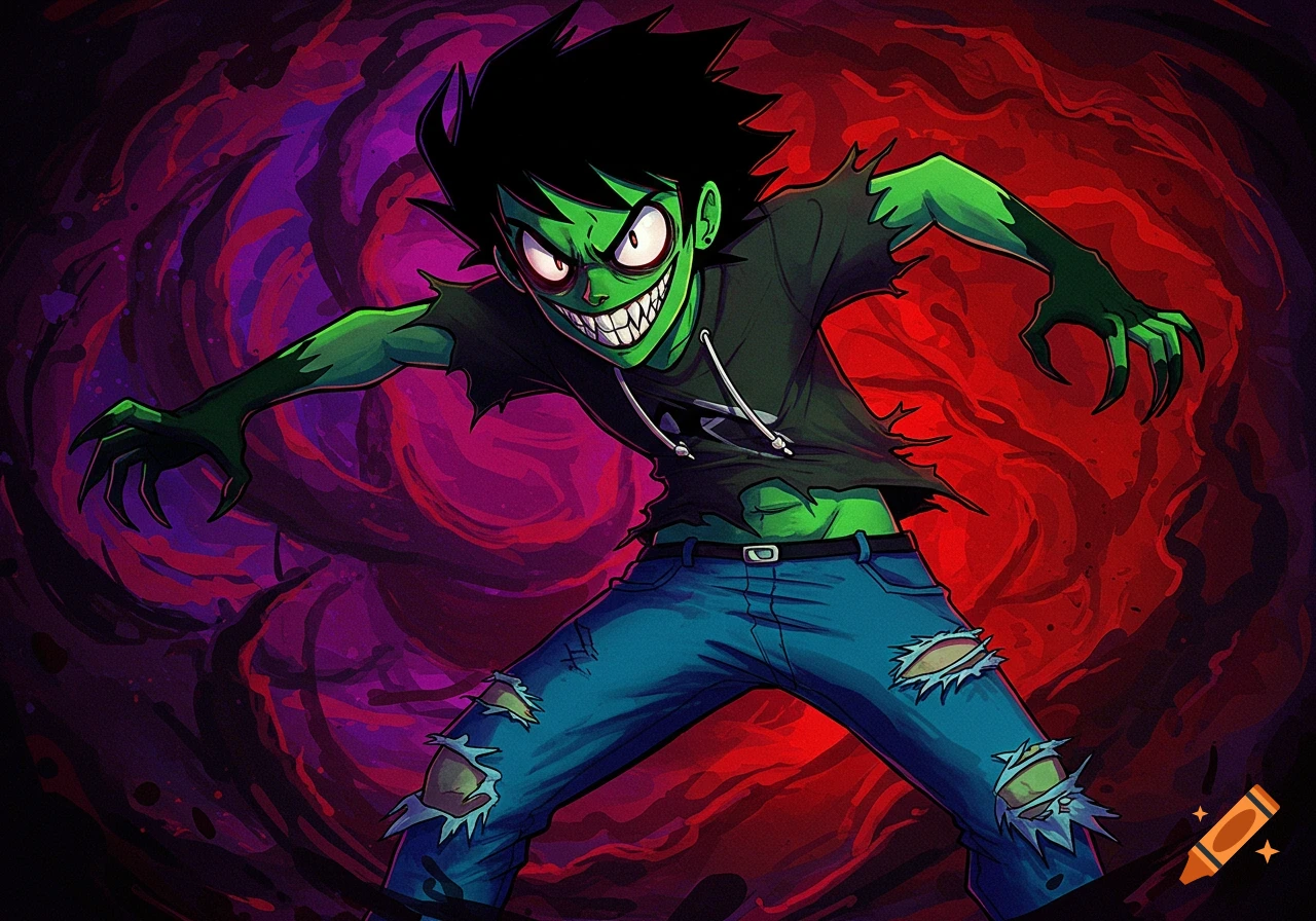 Cartoon monster character with green skin and sharp teeth in ripped clothes, digital art.