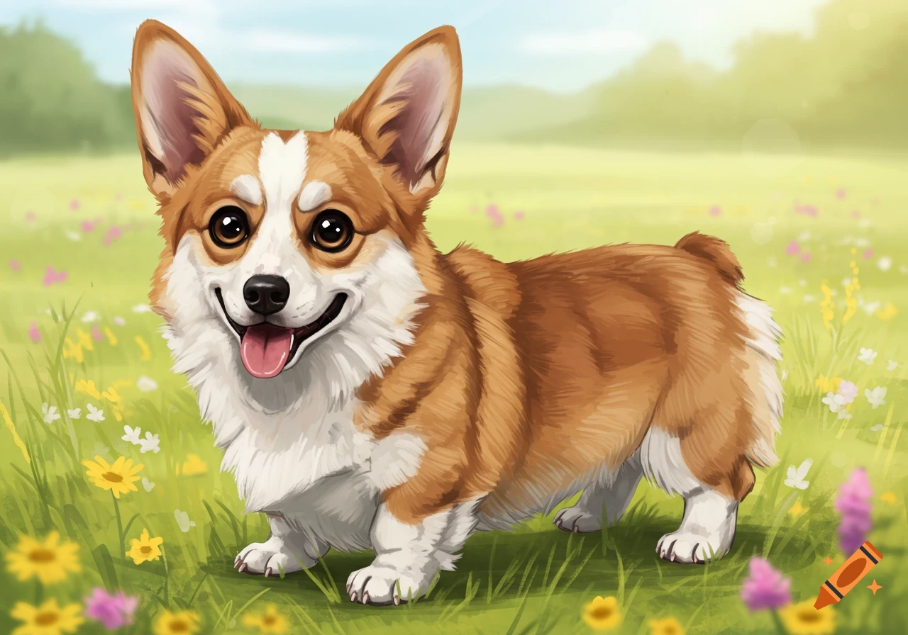 A corgi dog standing in a grassy field filled with yellow and pink flowers.