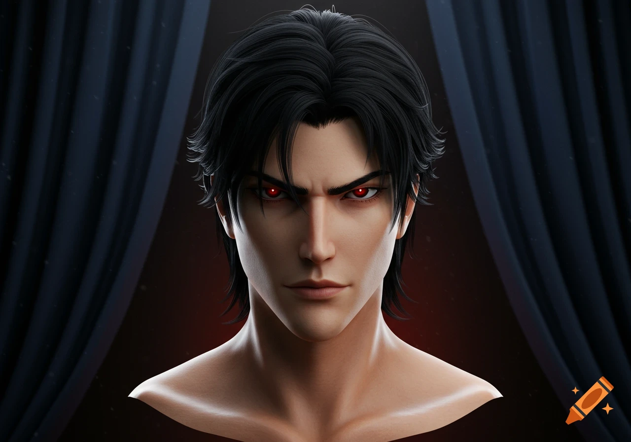 A 3D anime portrait of a man with black hair, chiseled face, and red eyes, against a dark background.