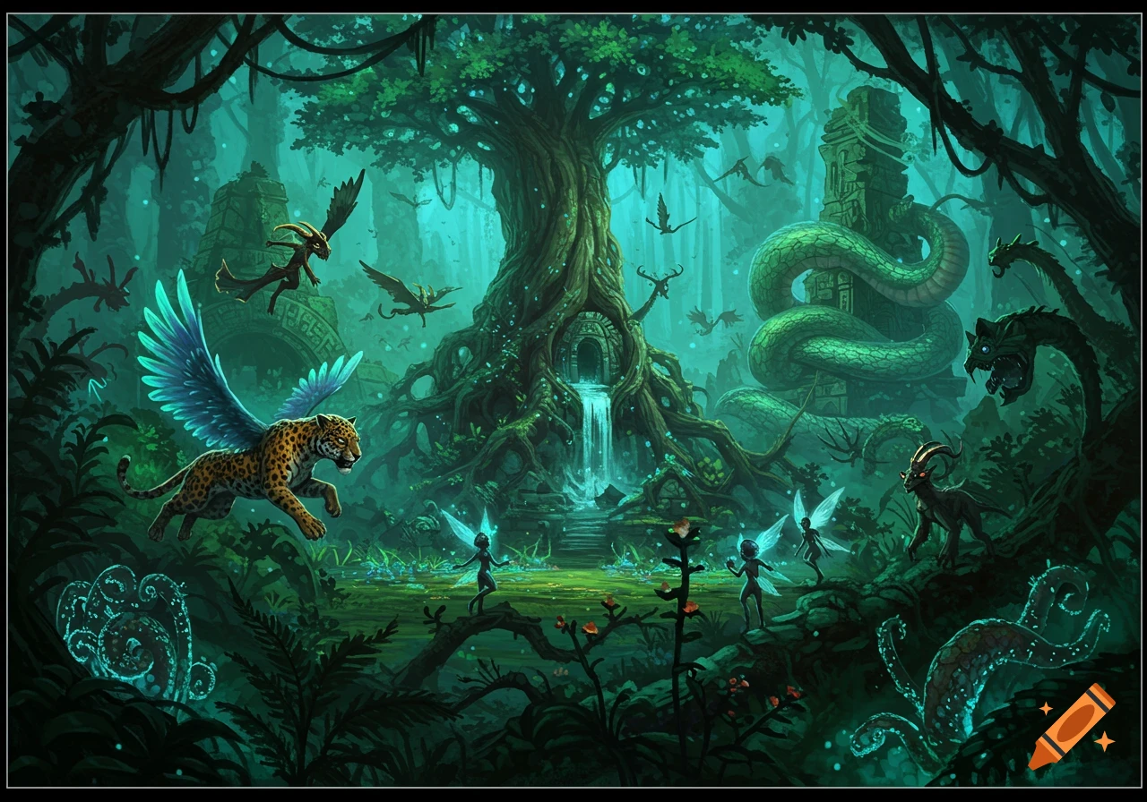 A fantasy jungle with mythical creatures such as a winged leopard, fairies, and a giant snake. The scene includes ancient ruins and a waterfall flowing from a tree.