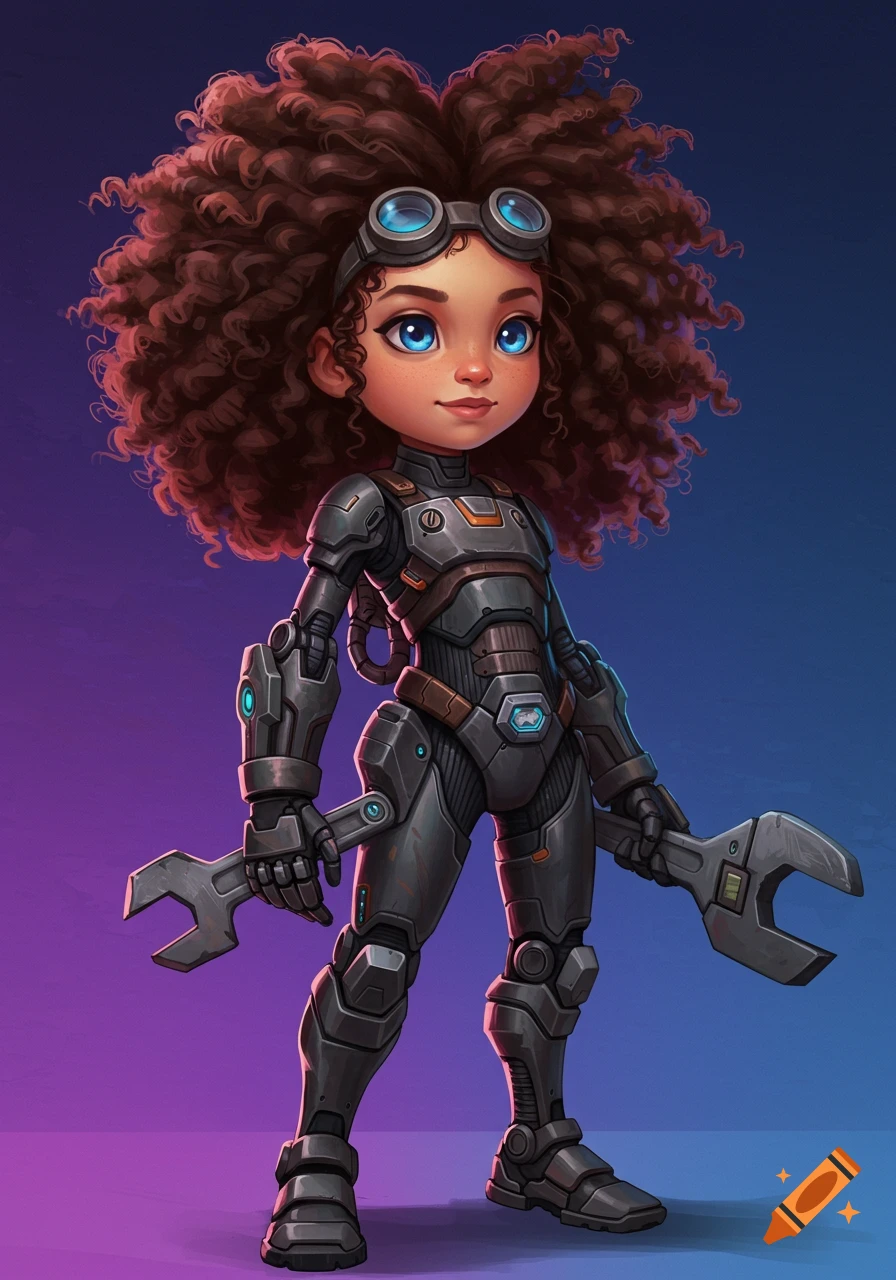 A young girl with curly hair in a sci-fi mech suit holding wrenches.