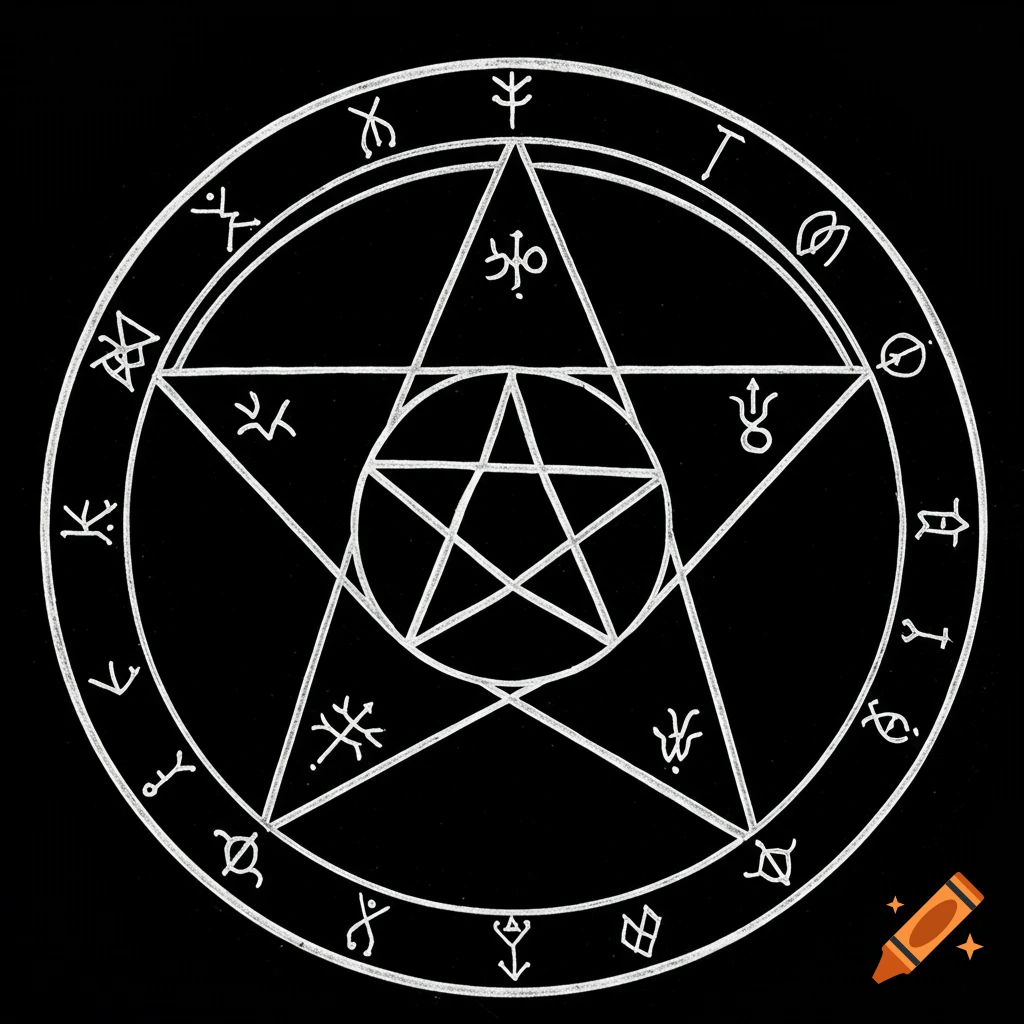 White pentacle within circles surrounded by symbols on a black background.