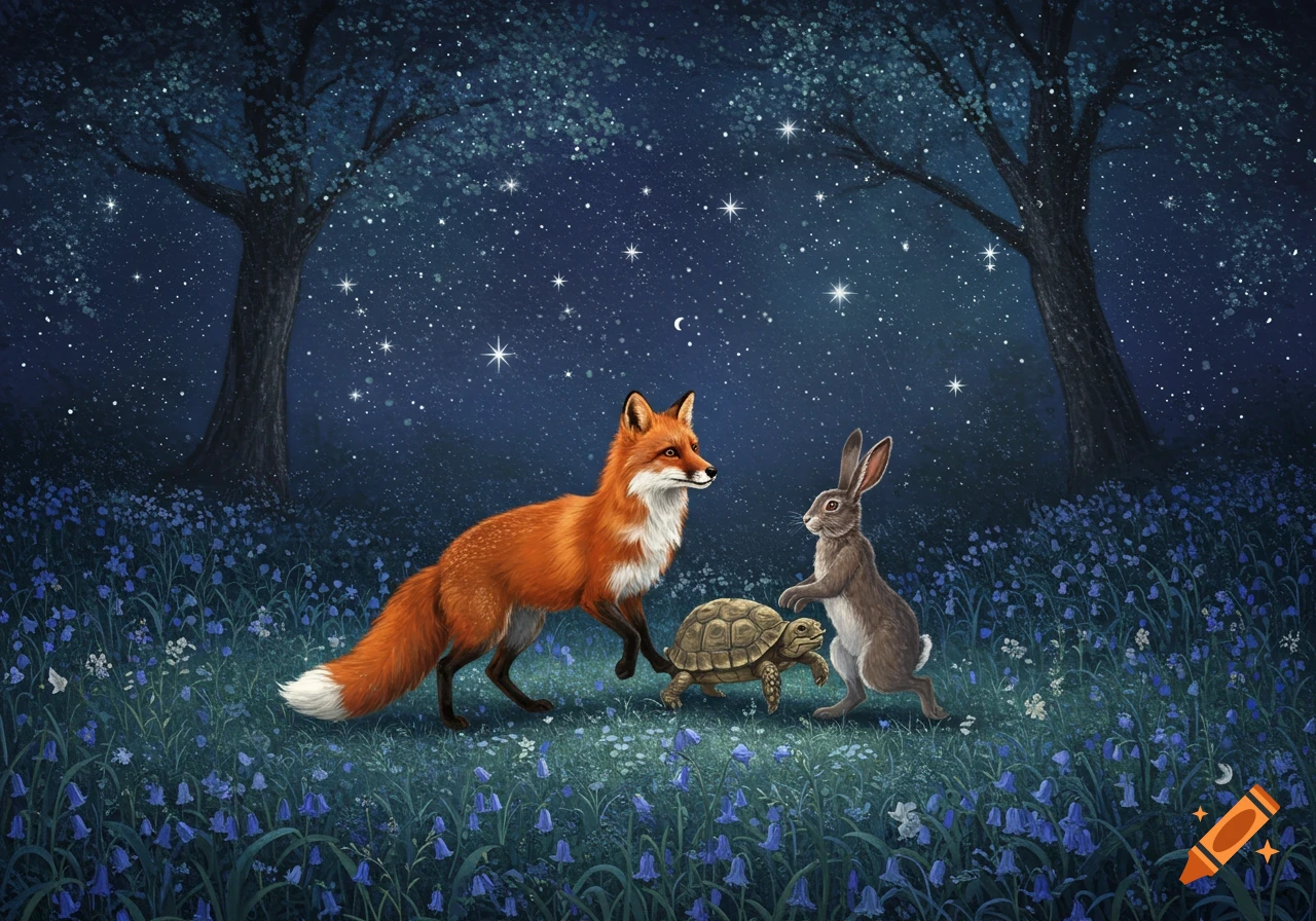 A fox, tortoise, and hare stand in a moonlit forest meadow filled with bluebells under a starry sky.