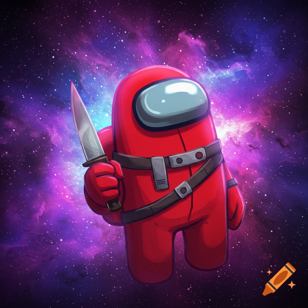 Red Among Us character holding a knife against a galaxy background.