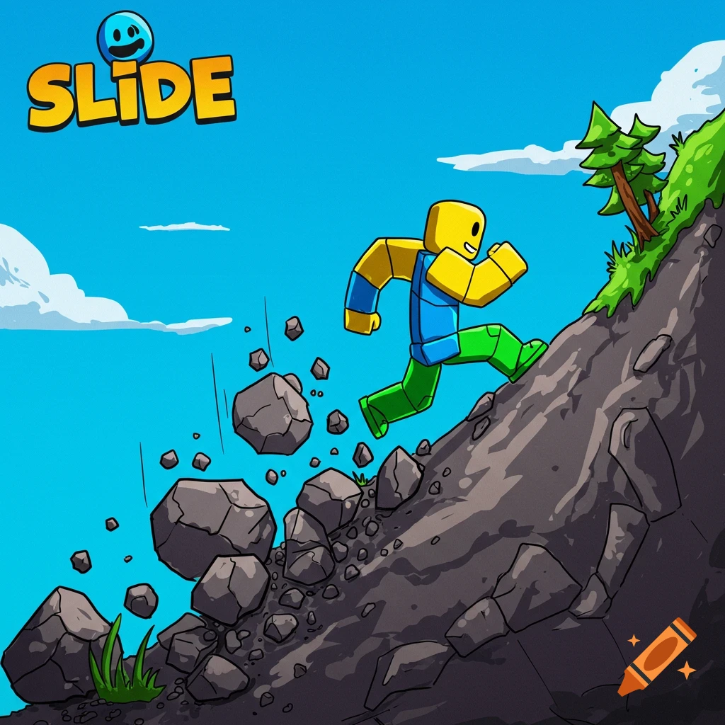 A cartoon Roblox character runs up a hill away from falling rocks. Stylized doodle art.