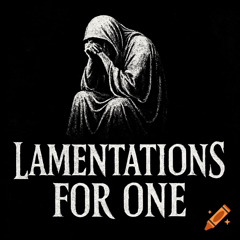 Dark logo with hooded figure sitting head in hands above 'LAMENTATIONS FOR ONE' text.