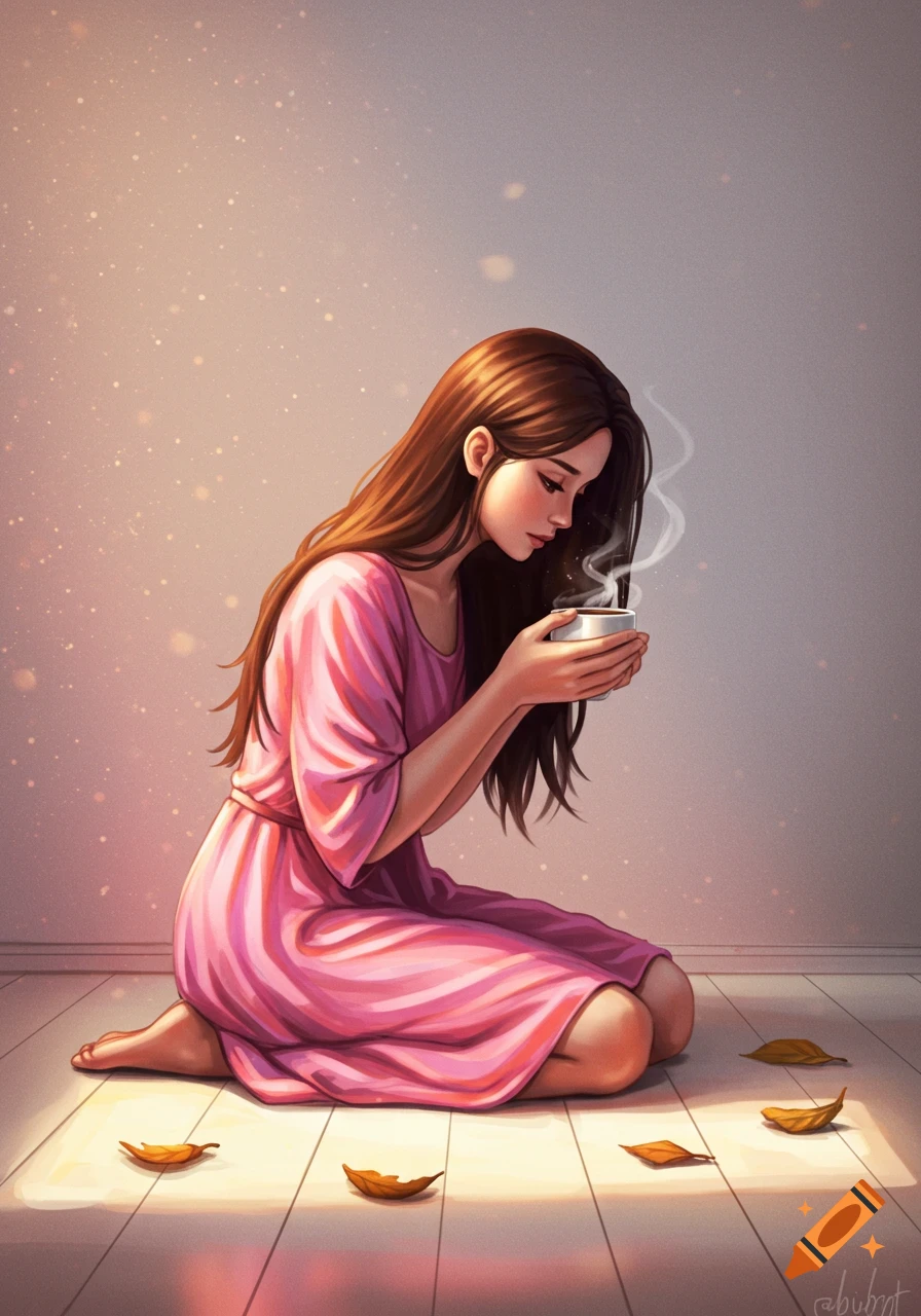 A woman kneeling, holding a cup of steaming coffee.