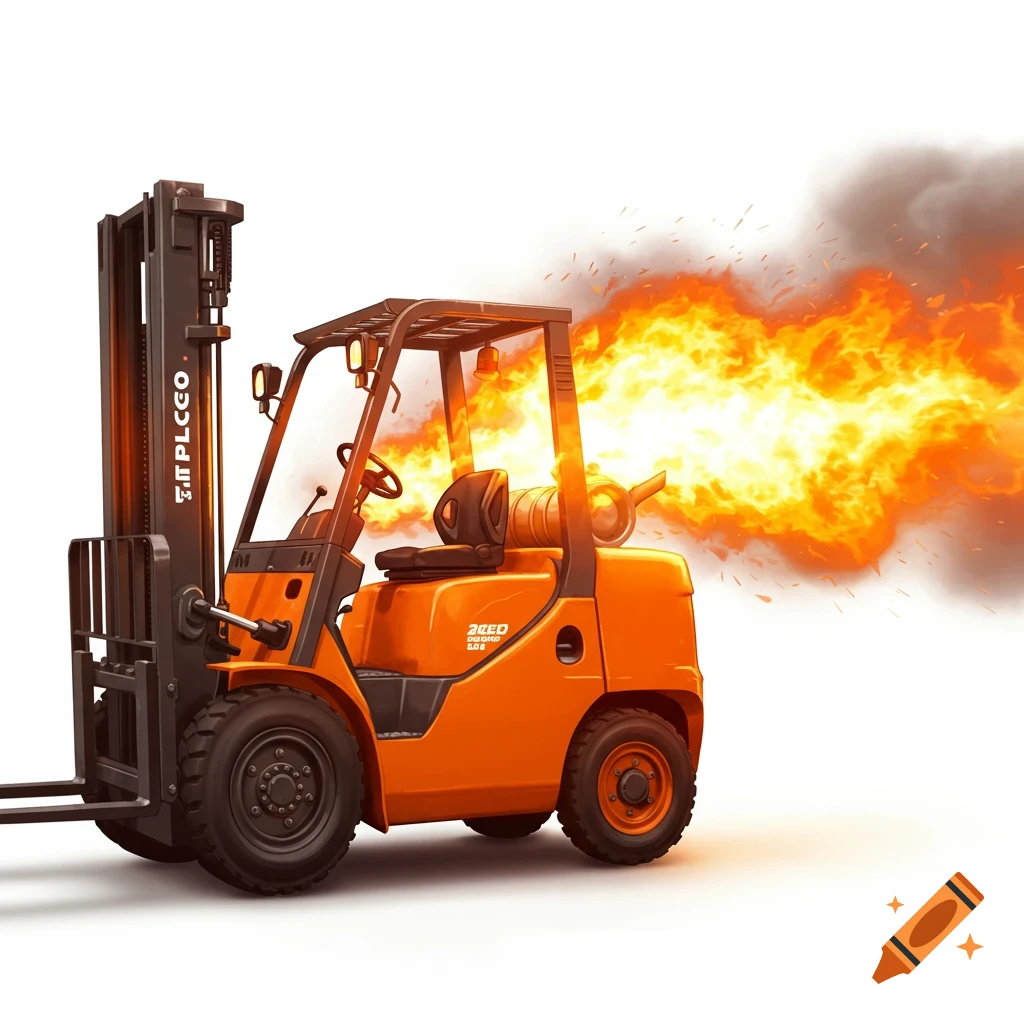 An orange forklift shooting large flames from its side.
