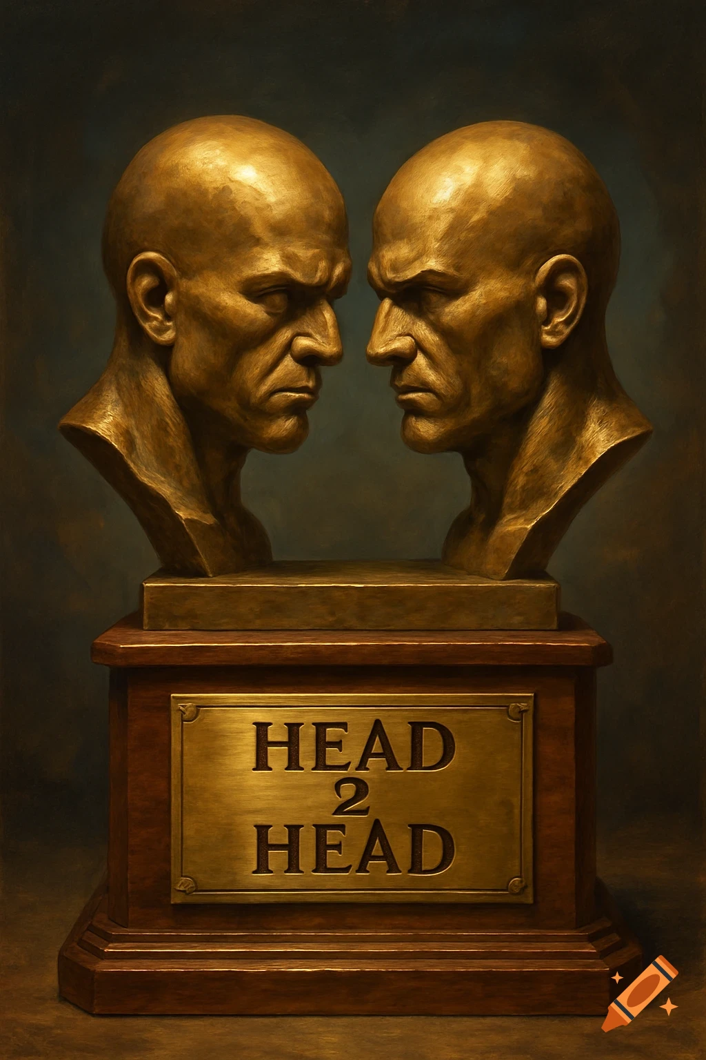 A trophy featuring two bronze busts facing each other on a wooden base with a 'HEAD 2 HEAD' plaque.