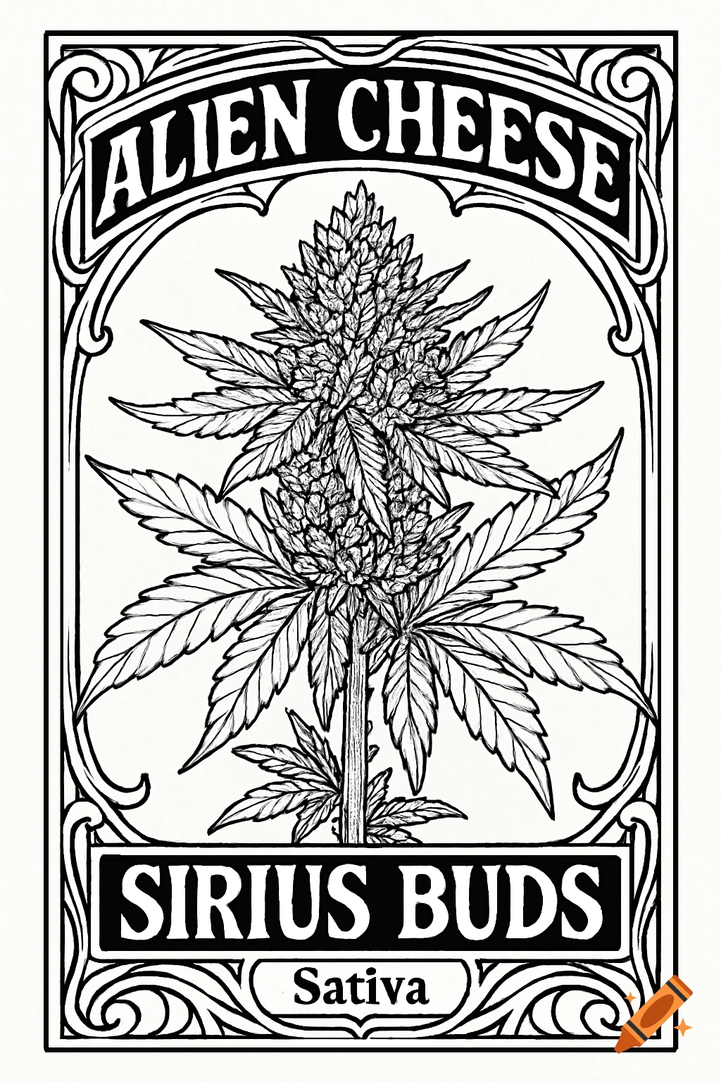 Black and white line art of a cannabis plant in an art nouveau frame with text "ALIEN CHEESE" and "SIRIUS BUDS".