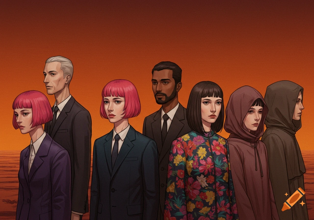 A group of people in various clothes stand in a line against an orange background.