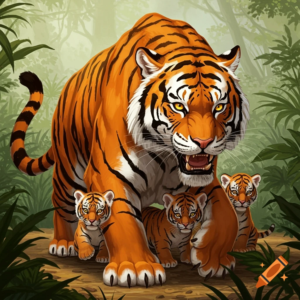 A mother tiger stands protectively over three cubs in a jungle.